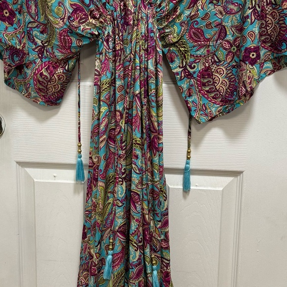 Boho Maxi Dress Long Floral Gown Deep V Front & Back with Tassel made in India - Picture 15 of 17